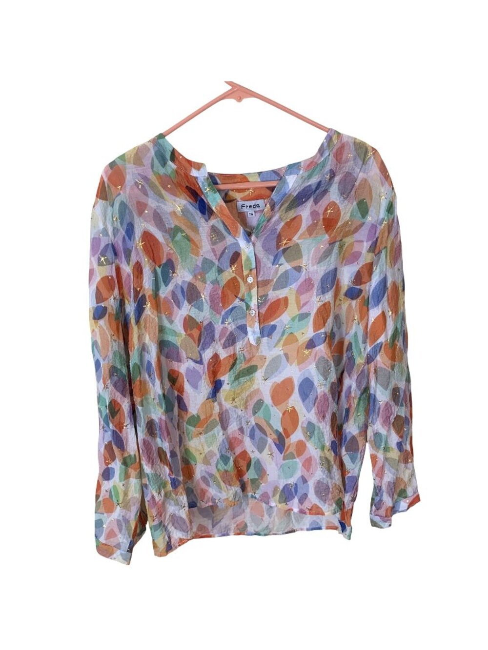 Freda Multicolor Womens Blouse Leaf Print Sheer Long Sleeve Lightweight Large